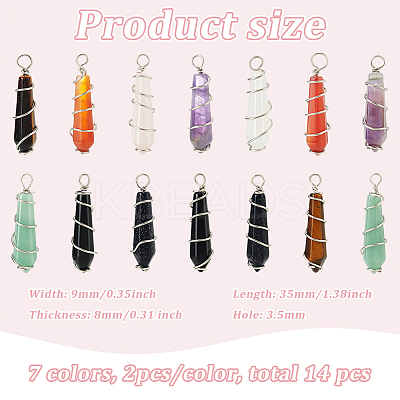 14Pcs 7 Colors Natural & Synthetic Mixed Gemstone Pointed Pendants PALLOY-AB00154-1