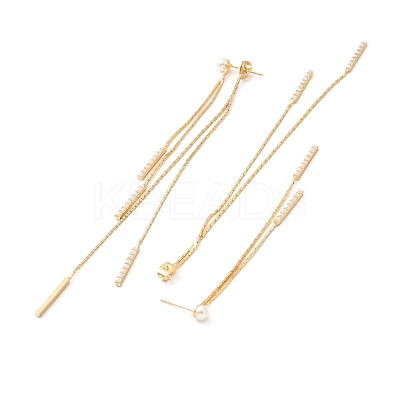 Brass Long Tassel Dangle Stud Earrings with Acrylic Pearl EJEW-F281-14G-1