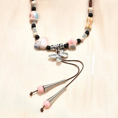 Ethnic Style Alloy & Porcelain Ceramic Beads Butterfly Pendant Tassel Y Necklaces LS-NJEW-D308-01C-1