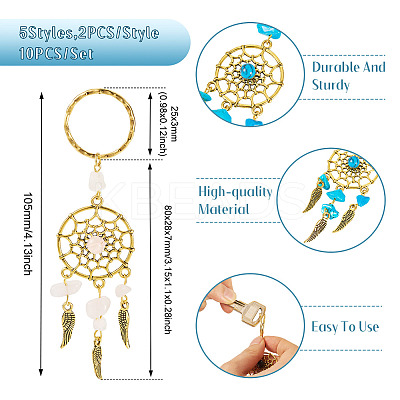 10Pcs 5 Styles Natural Tiger Eye & Natural Green Aventurine & Natural Rose Quartz & Natural Magnesite & Synthetic Turquoise Keychian KEYC-TA00036-1