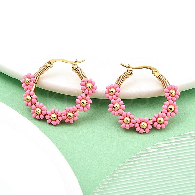 304 Stainless Steel & Bohemian Beaded Flower Hoop Earrings for Women EJEW-R001-02G-03-1