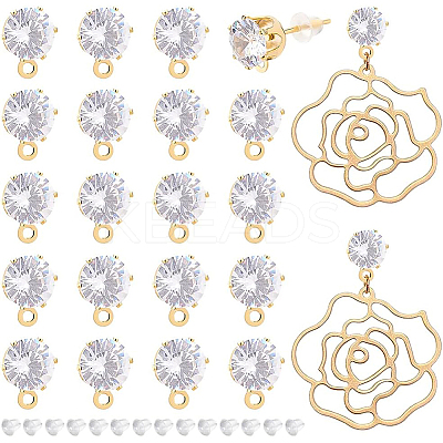 12 Pairs Flat Round Brass Clear Cubic Zirconi Stud Earring Findings KK-BC0008-77-1