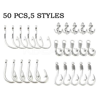 50Pcs 5 Styles Tibetan Style Alloy Hook Clasps TIBE-YW0001-66-1