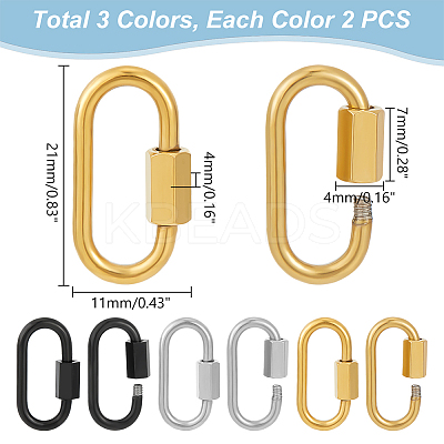 6Pcs 3 Colors 304 Stainless Steel Screw Carabiner Lock Charms STAS-UN0053-35-1