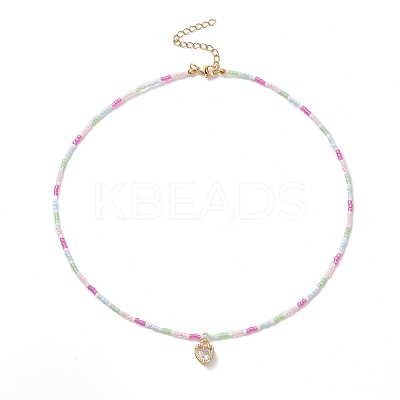 Alloy Cubic Zirconia Heart Pendant Necklace with Glass Seed Beaded Chains for Women NJEW-JN04291-1