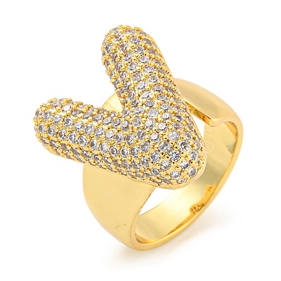 Brass Micro Pave Clear Cubic Zirconia Letter Open Cuff Ring for Women RJEW-M173-01G-V-1