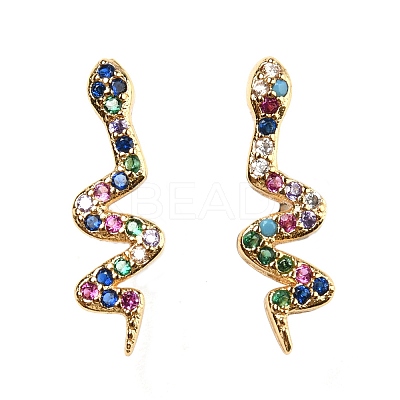 Left and Right Rack Plating Brass Snake Stud Earrings with Cubic Zirconia EJEW-D061-62G-1