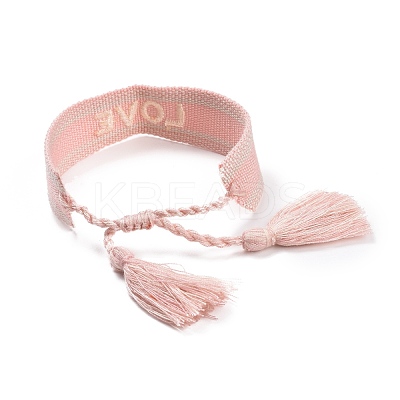 Word Love Polycotton(Polyester Cotton) Braided Bracelet with Tassel Charm BJEW-F429-07-1