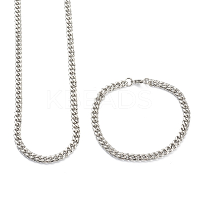 304 Stainless Steel Cuban Link Chain Bracelets & Necklaces Jewelry Sets SJEW-B019-03A-P-1