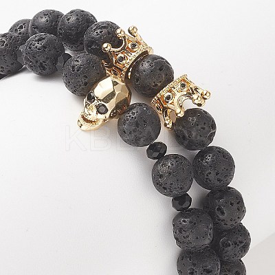 2Pcs 2 Style Natural Lava Rock & Brass Beaded Stretch Bracelets Set BJEW-JB09244-04-1