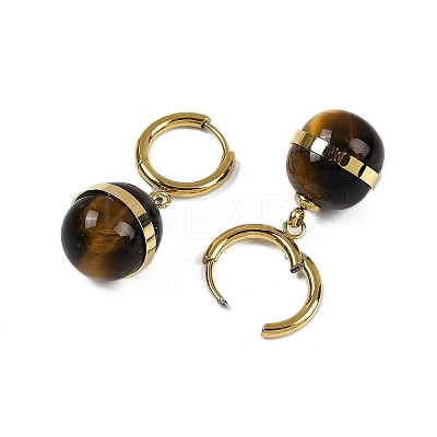 Ion Plating(IP) 304 Stainless Steel & Natural Tiger Eye Round Hoop Earrings for Women EJEW-K281-22G-1
