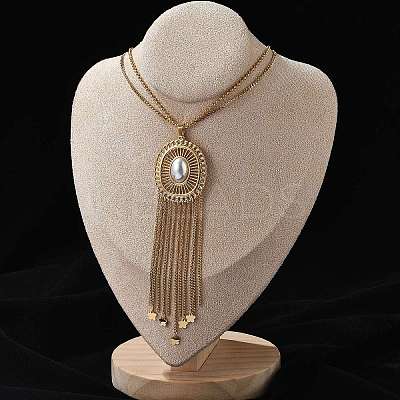 Bohemian 304 Stainless Steel & Imitation Pearl Oval Tassel Pendant Necklaces for Women NJEW-Z061-11G-1