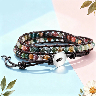 Natural Indian Agate Round Beaded Bracelets BJEW-WH20001-14A-1