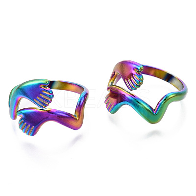 304 Stainless Steel Hugging Hand Cuff Rings RJEW-N038-119M-1