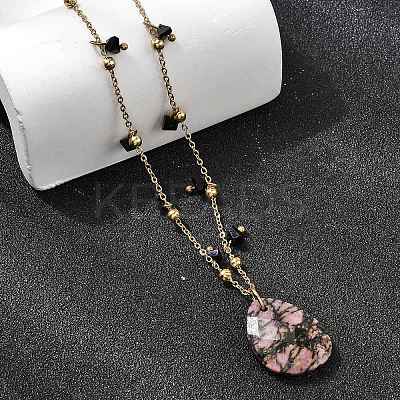 Natural Rhodonite Teardrop Pendant 304 Stainless Steel Satellite Chain Necklaces with Glass Beads NJEW-K255-57G-1