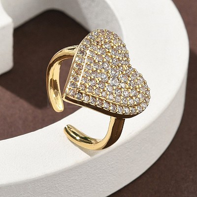Heart Brass Micro Pave Cubic Zirconia Cuff Rings for Women RJEW-A069-12G-1