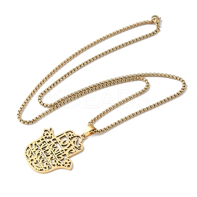 201 Stainless Steel Hollow Cut Hamsa Hand Pendant Necklaces LS-NJEW-H065-07G-1