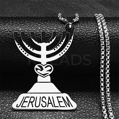 201 Stainless Steel Menorah Pendant Necklaces for Hanukkah LS-NJEW-H065-21P-1