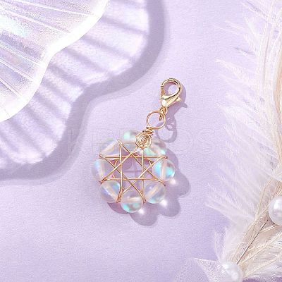 Star Copper Wire Wrapped Synthetic Moonstone Pendant Decorations HJEW-JM03027-1