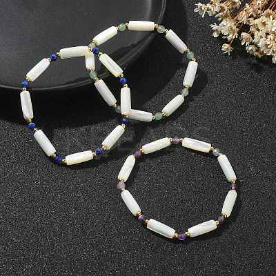3Pcs 3 Style Natural Mixed Gemstone & White Shell Tube Beaded Stretch Bracelets Set BJEW-TA00430-1