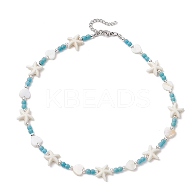 Summer Beach Round Synthetic Turquoise & Natural Freshwater Shell Heart Starfish Beaded Necklaces NJEW-JN05209-1