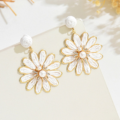 Flower Alloy Raffia Dangle Stud Earrings FS-WG63945-08-1