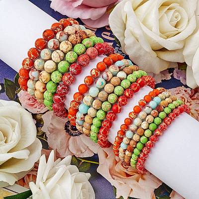 3Pcs 3 Size Synthetic Imperial Jasper Round Beaded Stretch Bracelets Set BJEW-SW00064-28-1