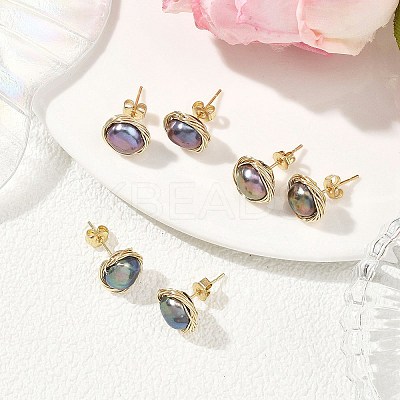 Flat Round Natural Cultured Freshwater Pearl Stud Earrings EJEW-JE06698-1