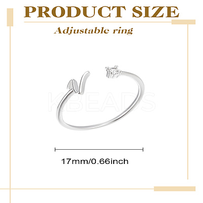 1Pc Letter Brass Rhinestone Open Cuff Rings for Women AJEW-LP0004-47V-S-1