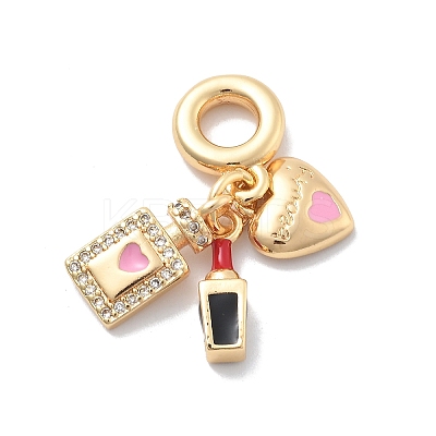 Brass Pink Enamel & Clear Cubic Zirconia Dangle Charms KK-M305-15G-01-1