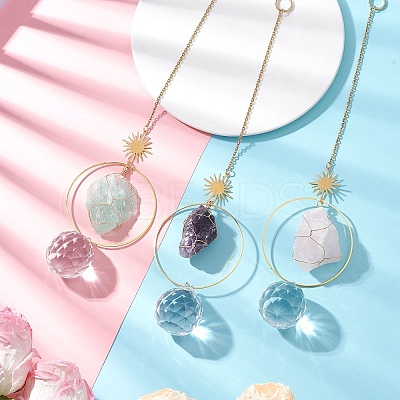 3Pcs Nuggets Natural Amethyst & Fluorite & Rose Quartz & Glass Round Hanging Suncatchers HJEW-JM04660-1