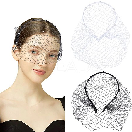 2Pcs 2 Colors Bridal Pearl Mesh Veil Cloth Hair Bands MRMJ-GF0001-50B-1