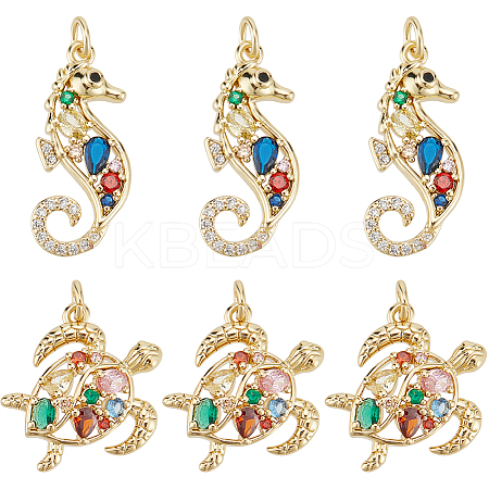 6Pcs 2 Style Rack Plating Brass Micro Pave Cubic Zirconia Pendants KK-BBC0011-02-1