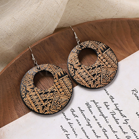 Flat Round Wood Dangle Earrings FS-WGF3184-08-1