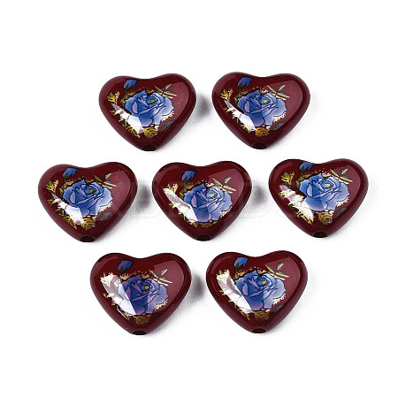 Flower Printed Opaque Acrylic Heart Beads SACR-S305-28-L02-1