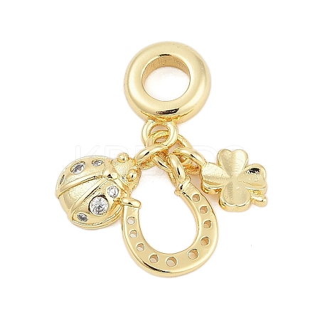 Brass Micro Pave Clear Cubic Zirconia Ladybirds & Horseshoe & Clover European Dangle Charms KK-G522-28G-1