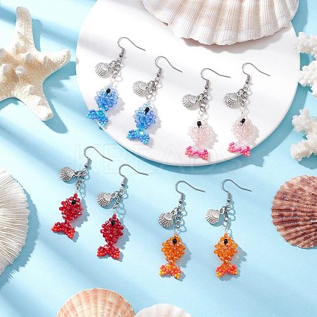 Fish with Shell Shape 304 Stainless Steel Glass Beads Dangle Earrings EJEW-MZ00436-1