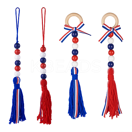 4Pcs 2 Style Independence Day Theme Wooden Ring & Woolen Yarn Tassels Pendant Decorations HJEW-CF0001-20-1