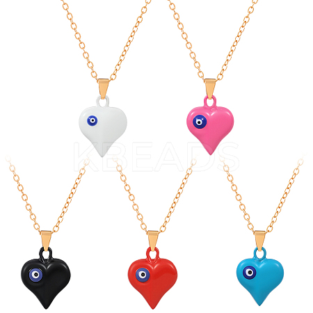 5Pcs 5 Colors Alloy Heart with Evil Eye Pendant Necklace for Women NJEW-HY0001-24-1
