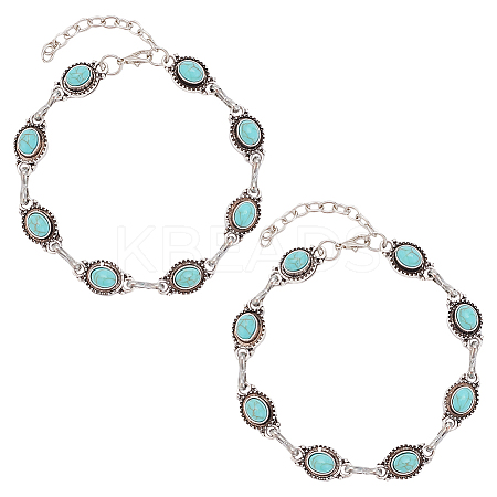 2Pcs Acrylic Imitation Turquoise Oval Link Chain Anklet AJEW-AN0001-04-1