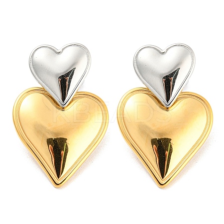 304 Stainless Steel Double Heart Dangle Stud Earrings for Women LS-EJEW-D076-01C-GP-1