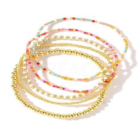 5Pcs 5 Styles Round Brass & Column Glass Seed Beads Stretch Bracelets YH8018-3-1