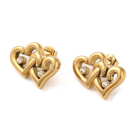 Double Heart 304 Stainless Steel Rhinestone Stud Earrings for Women EJEW-U003-13G-1