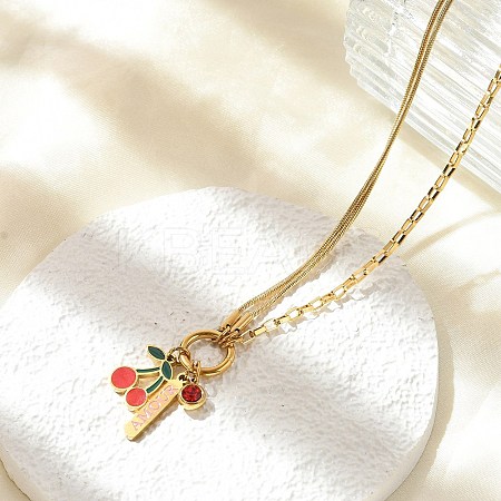 304 Stainless Steel Red Enamel and Siam Rhinestone Cherry Pendant Necklaces for Women NJEW-M091-02G-1