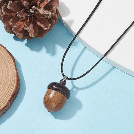 Acorn Shape Wood Locket Pendant Necklace with Wax Cords NJEW-JN04485-1