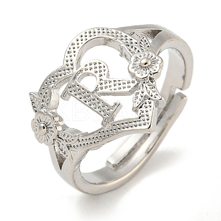 Heart with Letter & Flower Rack Plating Brass Adjustable Rings for Women RJEW-I105-05P-R-1