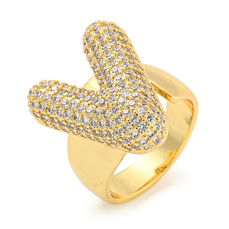 Brass Micro Pave Clear Cubic Zirconia Letter Open Cuff Ring for Women RJEW-M173-01G-V-1