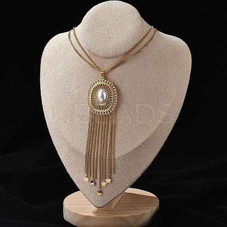 Bohemian 304 Stainless Steel & Imitation Pearl Oval Tassel Pendant Necklaces for Women NJEW-Z061-11G-1