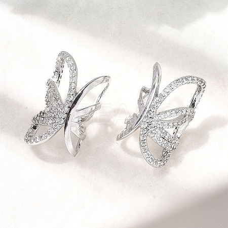 Brass Micro Pave Clear Cubic Zirconia Butterfly Cuff Earrings EJEW-P322-16P-1