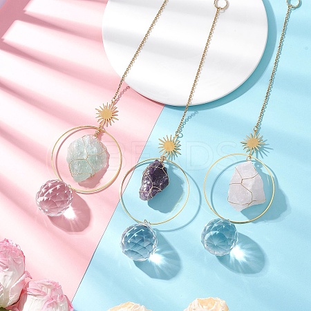 3Pcs Nuggets Natural Amethyst & Fluorite & Rose Quartz & Glass Round Hanging Suncatchers HJEW-JM04660-1